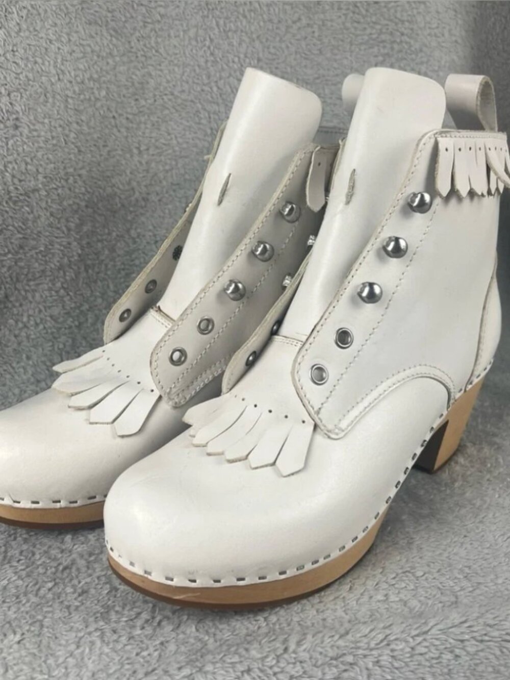 SWEDISH HASBEENS Wood Clog White Leather Kiltie Lace Up Booties 40 - Picture 14 of 16